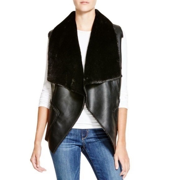 BLANK NYC Black Faux Shearling Vegan Leather Drape Front Open Vest EUC Size Med - Picture 1 of 12